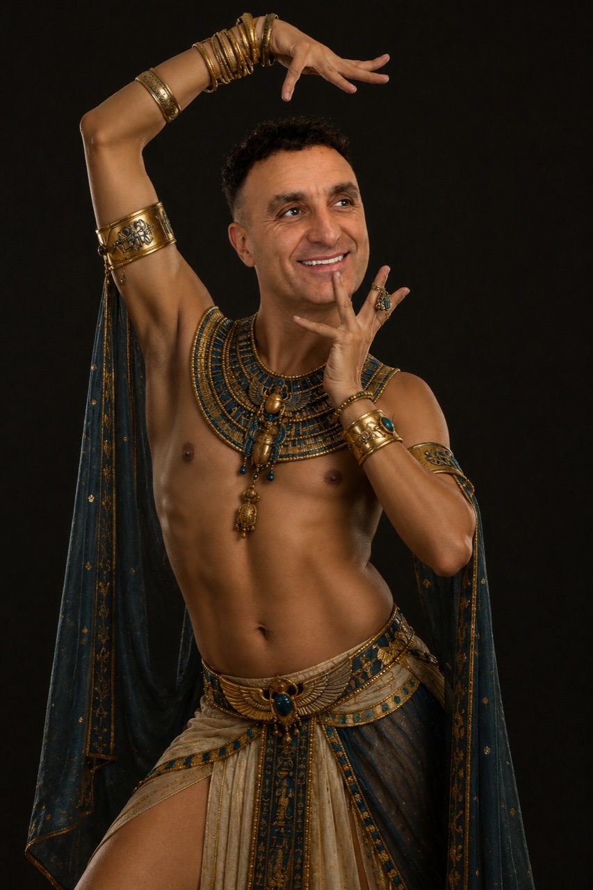James Bulla, Bolton belly dancer, mid-performance in a theatrical jewelled costume