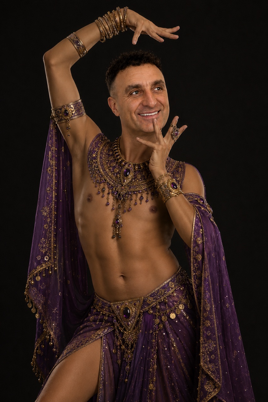 James Bulla, professional belly dancer based in Bolton, in a dramatic stage costume